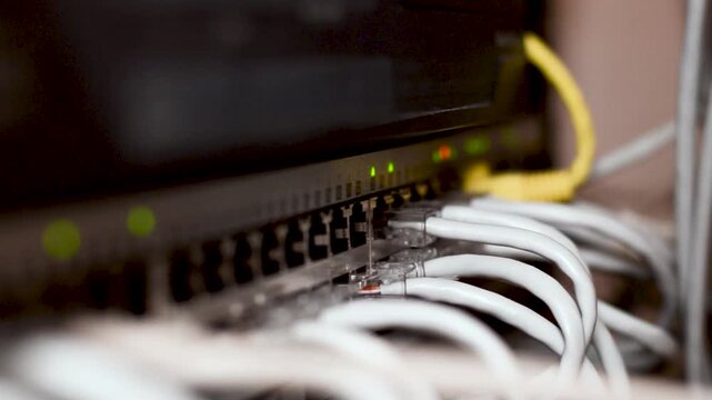 Server room rack with network cables. Network cables connect to server rack ports with blurry bokeh lights in the background. A close-up of a network rack with multiple Ethernet cables connected to it