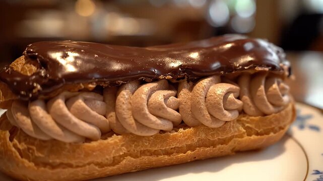 Chocolate Eclair Pastry - A close-up shot features a delectable chocolate eclair, topped with a generous layer of glossy chocolate glaze and filled with piped chocolate cream.