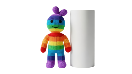 Colorful rainbow toy standing beside a white cylinder isolated on transparent background