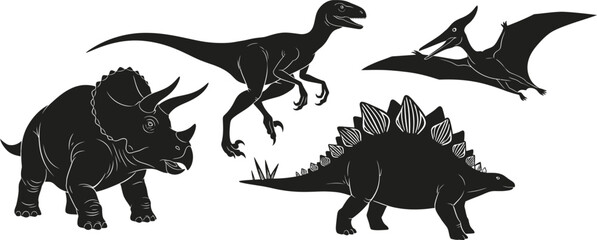 Silhouette illustration of prehistoric creatures including a t rex triceratops velociraptor and pterodactyl © PIXAVIVE