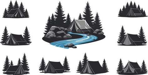 Serene forest landscape with tent and river illustrations © PIXAVIVE