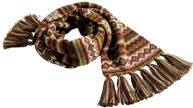 Cozy brown scarf with tassels and geometric pattern isolated on transparent background - Powered by Adobe