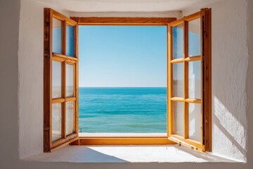 Fototapeta premium Open wooden window framing a bright seaside view, inviting natural light and fresh air into the serene interior space, creating a peaceful atmosphere with copy space