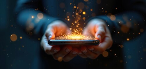 Person holds mobile phone. Glowing particles float above device in hands. Magic effect, digital tech concept. Light beams are seen in a dark studio. Creative art, magic touch, imagination.