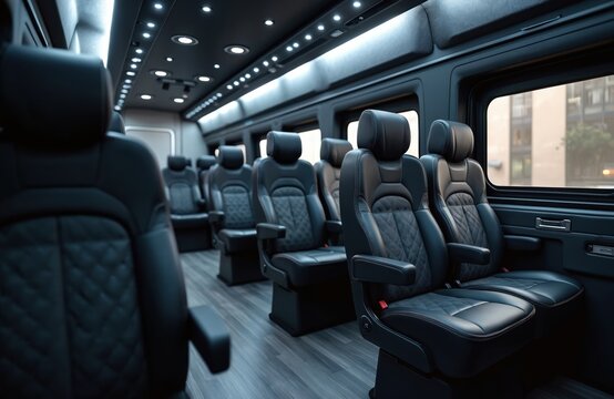 Luxury passenger van interior features rows of empty black leather seats. Modern transport vehicle offers comfort, style for group journey. Minibus ready for airport transfer, city tour, corporate