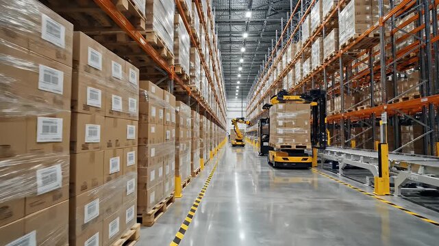 Automated Warehouse with Robotic Forklifts - This video shows the interior of a large warehouse with rows of tall shelving filled with cardboard boxes.