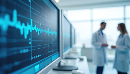 Medical professionals analyze brain wave data on computer screens in a lab. Researchers discuss sleep study results, observe medical graphs, and use advanced tech for health monitoring.