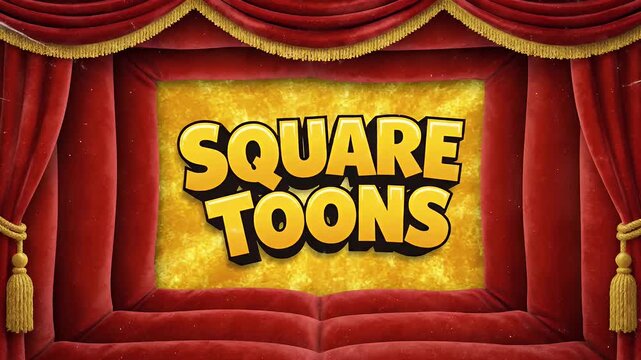 Cartoon Show Opening - A red velvet stage curtain frames a cartoon logo with a bright yellow background. The logo "Square Toons" is brightly colored with black shading.