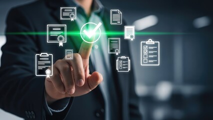 Businessman's finger touching a glowing checkmark icon surrounded by digital certificates and documents on a dark blue futuristic background symbolizing digital verification and approval with online