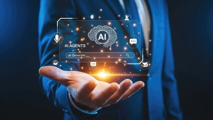 Futuristic ai agents interface displayed on a businessman's open palm with glowing digital brain and search bar representing artificial intelligence innovation technology concept with future and hand