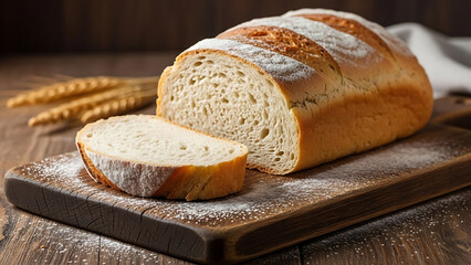 Freshly baked artisan loaf of white bread with a slice cut on a rustic wooden cutting board dusted with flour