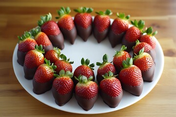 Strawberries dipped in chocolate and neatly displayed on a platter.