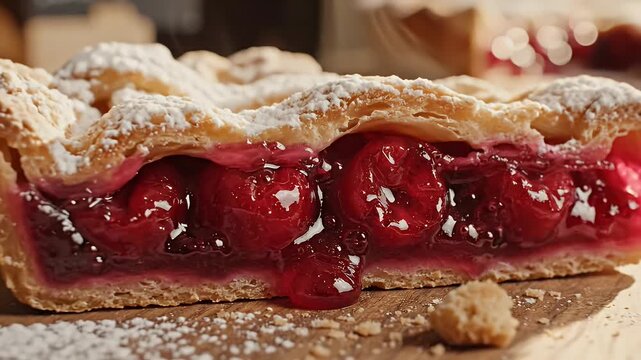 Close-Up of Cherry Pie with Lattice Crust - A close-up view of a slice of cherry pie featuring a golden-brown lattice crust, dusted with powdered sugar.