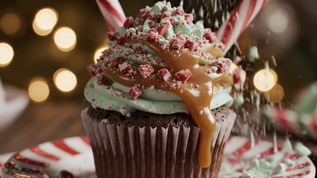Festive Holiday Cupcake - A close-up shot of a decorated chocolate cupcake. The cupcake is topped with mint frosting, crushed peppermint candy, and a caramel drizzle, with candy canes and bokeh