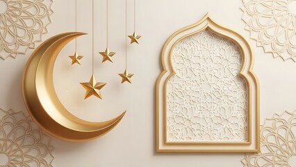 Elegant gold crescent moon and stars decoration with ornate archway for Ramadan or Islamic celebration