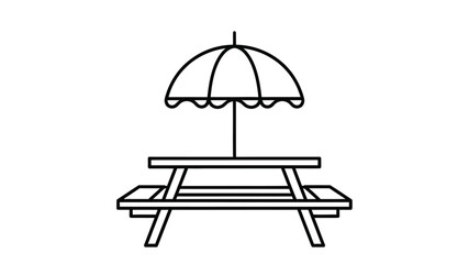 A simple black and white line drawing depicts a picnic table with an umbrella above © Ziaul_Studio