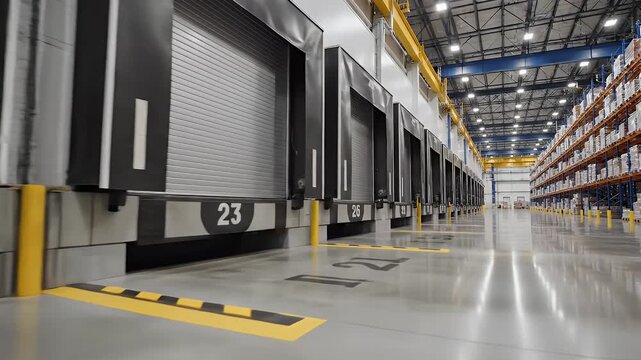 Modern Warehouse Loading Dock Area - The video showcases a modern warehouse with multiple closed loading dock doors, each numbered clearly.