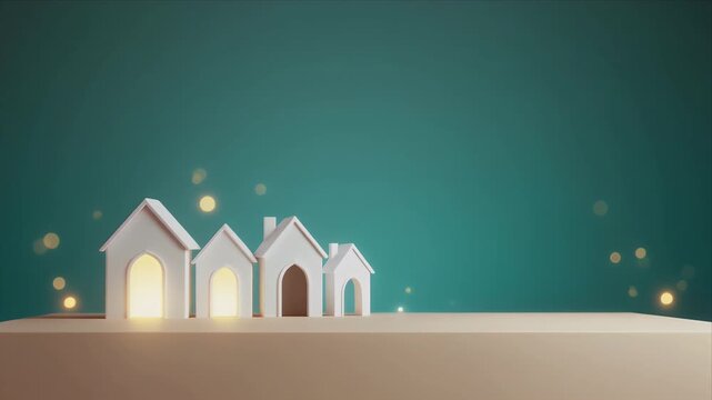 Small white houses on a table with a teal background