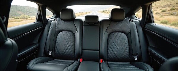 Fototapeta premium Black leather car back seats. Interior of luxury vehicle design. Seats with stitched pattern provide comfort. Modern auto transport. Journey along road at the background.