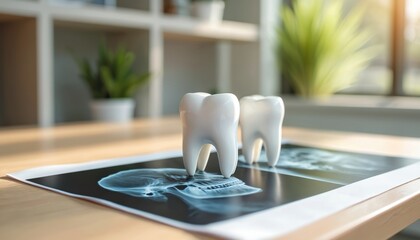 Dental models and x ray scans sit on examination table. Close up view of teeth models next to patient radiograph comparison. Pro clinic dental care setup.