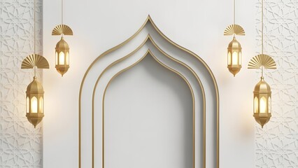 Elegant Islamic archway with golden lanterns in modern interior