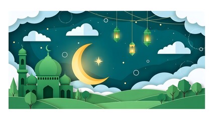 Vibrant green mosque under crescent moon with hanging lanterns
