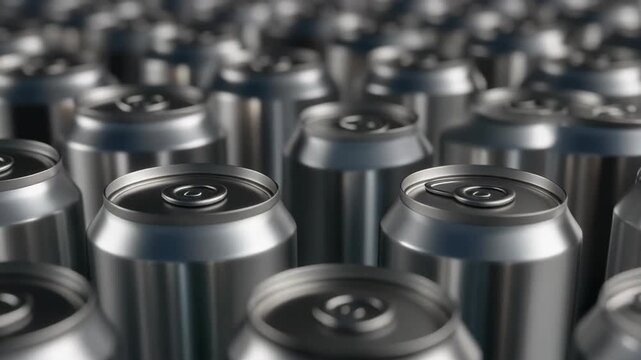 Close-up shot of a large group of aluminum beverage cans, arranged closely together, reflecting light.
