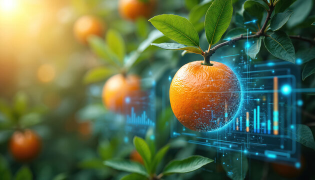 Orange fruits grow on tree branches with leaves and cyber tech data screen. It is concept of modern agriculture innovation. Digital graphs displayed near citrus plant exemplify eco fruit farming.