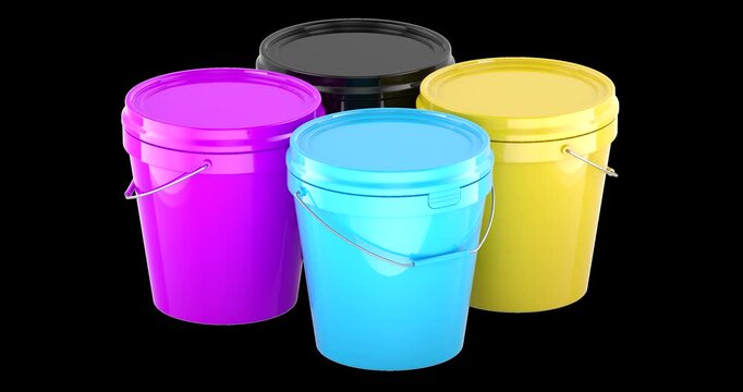 Colorful plastic paint buckets CMYK rotation animation seamlessly loopable. 3D rendering isolated on transparent background