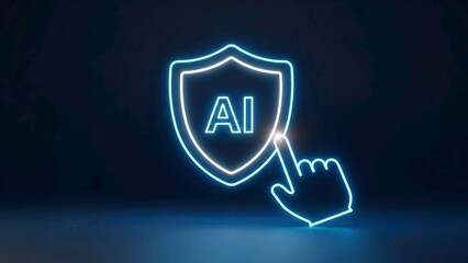 3D AI Security Shield Icon with Glowing Outline and Human Finger Touch for Cyber Protection