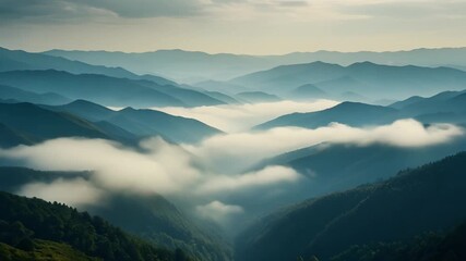 Majestic mountains shrouded in misty clouds, serene landscape, aerial viewpoint, nature's scenery, breathtaking vistas