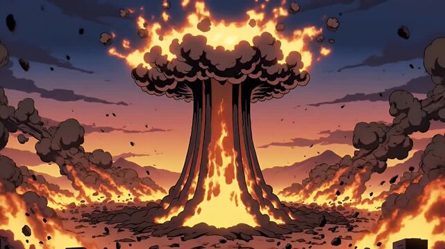 Animated Nuclear Explosion Cloud - A stylized, cartoon-like video shows a mushroom cloud resulting from a nuclear explosion. The blast sends debris into the sky against a backdrop of a fiery sunset.