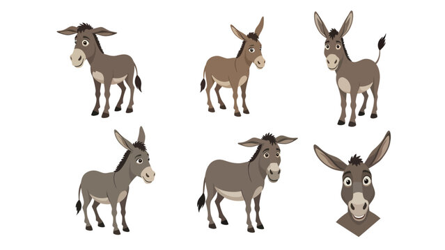 Vector illustration set of friendly cartoon donkeys in diverse poses and expressions on white background