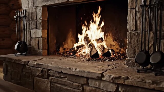 Cozy Fireplace in Rustic Cabin Setting - A warm and inviting stone fireplace with a roaring fire, surrounded by rustic wooden log walls in a cabin interior.