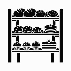 A delightful display of fresh baked goods including bread, croissants, cakes, and cupcakes on a bakery shelf