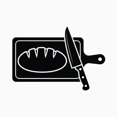 Black and white icon of a chef's knife and a loaf of bread on a cutting board