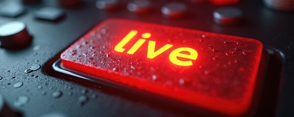 Bright red rectangular button displays yellow live text. Water droplets cover surface. Dark blurred panel background with controls visible. Signal indicates active broadcast stream happening now,