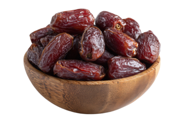 Wooden bowl filled with fresh dates isolated on transparent background