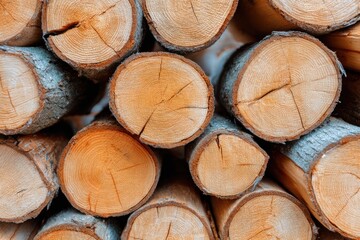 Fototapeta premium Stacked firewood logs with visible bark and cut ends, showcasing natural textures and patterns, ideal for rustic decor and outdoor settings with copy space