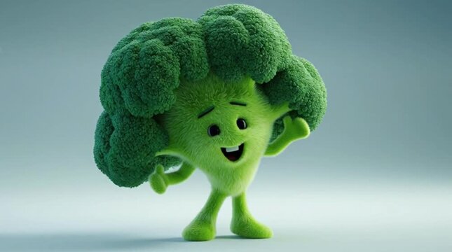 A cheerful cartoon broccoli character waving and smiling with joy