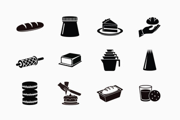 Food icons set showing a black vector collection of cakes, bread, bakery items, and restaurant symbols for design use