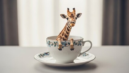 Giraffe in teacup surreal concept of wildlife and everyday objects