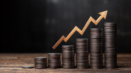 Ascending coin stacks with a zigzag arrow illustrating long term financial growth and steady economic expansion.
