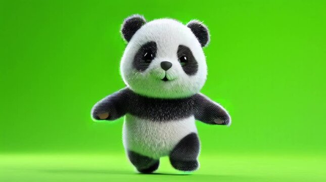 Cute baby panda walking on green screen background, funny animal animation