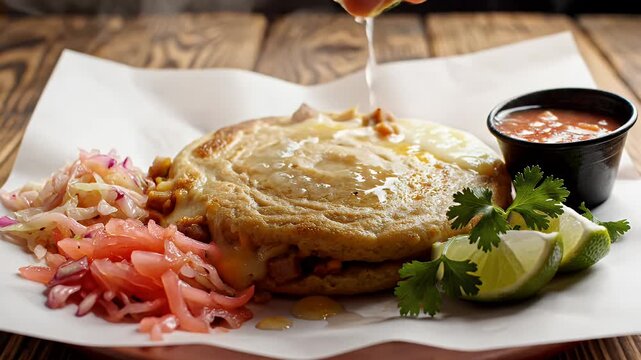 Traditional Salvadoran Pupusa with Sides - A Salvadoran pupusa is beautifully presented, with lime being squeezed over it.