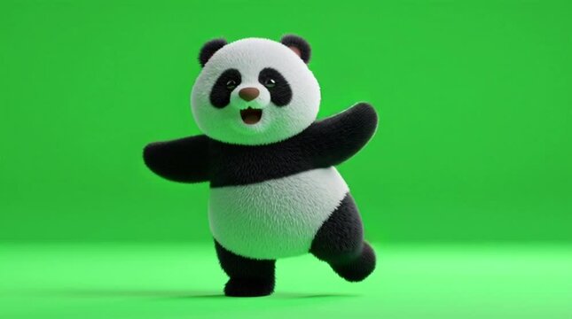 Cute cartoon panda character dancing happily on a green screen background