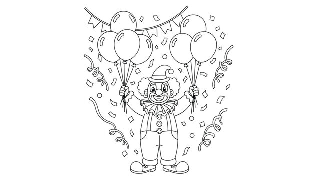 Black and white line art of a happy circus clown holding bunches of balloons surrounded by confetti and streamers for coloring.