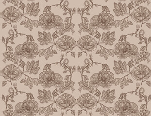 Obraz premium Pattern of roses in vintage style on coffee background for packaging, fabric, wallpaper