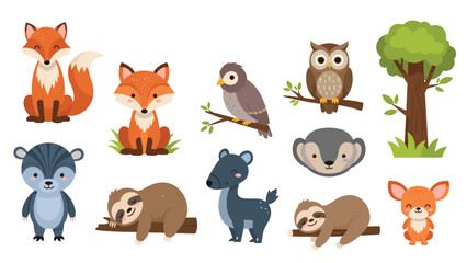 Obraz premium Set of cute woodland animal illustrations including foxes, owls, a sloth, and a tree on a white background for children.