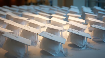 degree. Graduation caps neatly arranged from above, symbolizing academic achievement and celebration. event programs, museum guides, designed for cultural heritage projects and event programs.
